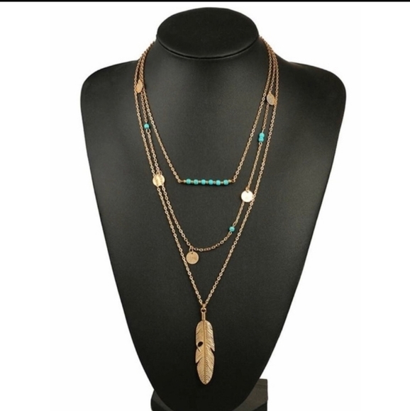 Boho Gold Turquoise Bar Layered Feather Necklace - Picture 3 of 4